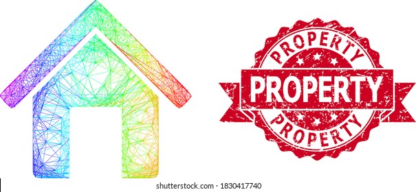 Casa de marco de alambre de color arcoiris y sello de cinta texturizado de propiedad. El sello rojo contiene el título de propiedad dentro de la cinta.Red geométrica de la estructura de alambre 2D basada en el icono del hogar,