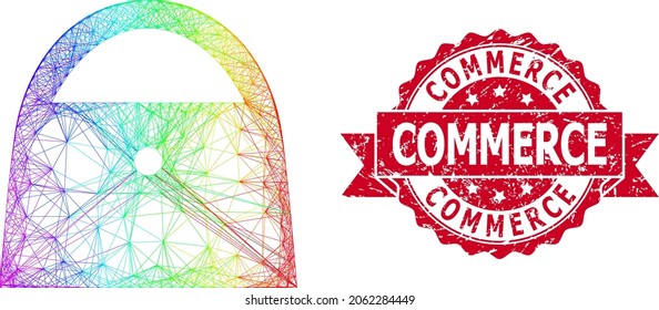 Rainbow colored wire frame lady bag, and Commerce rubber ribbon seal. Red seal contains Commerce text inside ribbon.Geometric wire carcass 2D network based on lady bag icon,