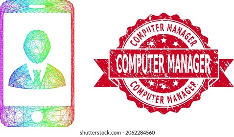 Rainbow colored wire frame mobile user profile, and Computer Manager corroded ribbon seal print. Red stamp includes Computer Manager title inside ribbon.