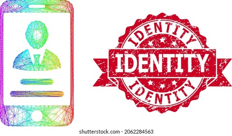 Rainbow colored wire frame mobile user info, and Identity scratched ribbon seal print. Red seal includes Identity title inside ribbon.Geometric hatched frame 2D network based on mobile user info icon,