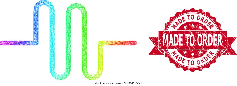 Rainbow colored wire frame pipeline, and Made to Order corroded ribbon stamp seal. Red stamp contains Made to Order tag inside ribbon.Geometric linear carcass 2D net based on pipeline icon,