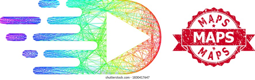 Rainbow colored wire frame play function, and Maps corroded ribbon stamp. Red stamp seal includes Maps caption inside ribbon.Geometric hatched frame flat net based on play function icon,