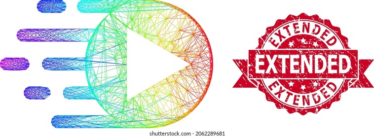 Rainbow colored wire frame play function, and Extended dirty ribbon stamp. Red stamp seal has Extended caption inside ribbon.Geometric wire frame flat network based on play function icon,