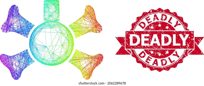 Rainbow colored wire frame poison flask, and Deadly grunge ribbon stamp. Red stamp seal includes Deadly title inside ribbon.Geometric hatched frame flat net based on poison flask icon,