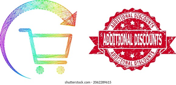 Rainbow colored wire frame repeat purchase order, and Additional Discounts scratched ribbon stamp. Red stamp seal contains Additional Discounts title inside ribbon.