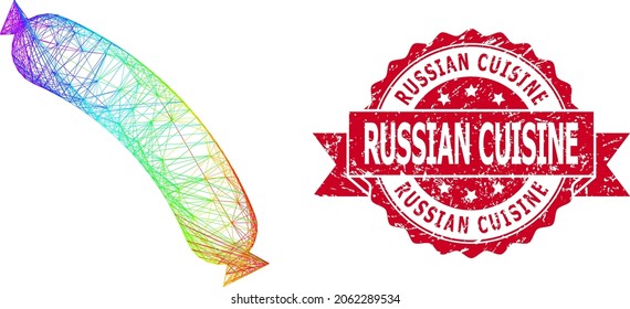 Rainbow colored wire frame sausage, and Russian Cuisine scratched ribbon seal imitation. Red seal contains Russian Cuisine text inside ribbon.Geometric wire frame flat network based on sausage icon,