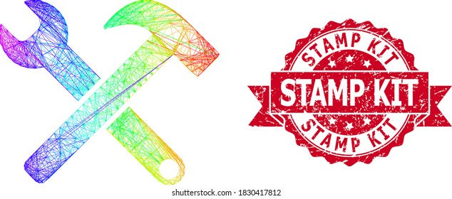 Rainbow colored wire frame service tools, and Stamp Kit unclean ribbon seal. Red stamp seal includes Stamp Kit caption inside ribbon.Geometric wire frame flat network based on service tools icon,