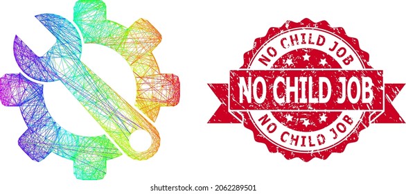 Rainbow colored wire frame service tools, and No Child Job dirty ribbon seal print. Red seal includes No Child Job tag inside ribbon.Geometric linear frame flat network based on service tools icon,