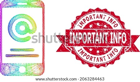 Rainbow colored wire frame smartphone address info, and Important Info rubber ribbon seal imitation. Red seal has Important Info caption inside ribbon.