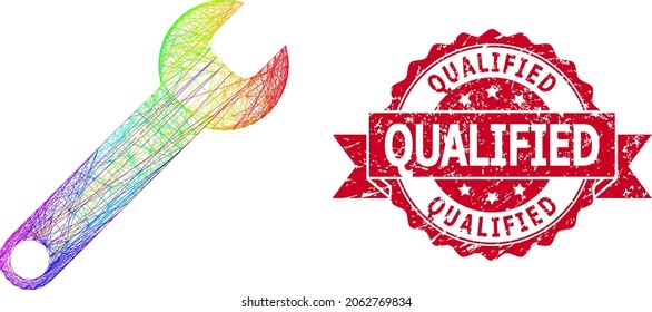 Rainbow colored wire frame spanner, and Qualified textured ribbon stamp. Red stamp includes Qualified title inside ribbon.Geometric linear carcass 2D network based on spanner icon,