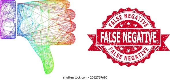Rainbow colored wire frame thumb down, and False Negative rubber ribbon stamp. Red stamp seal has False Negative text inside ribbon.Geometric linear frame flat network based on thumb down icon,