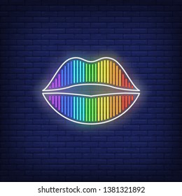 Rainbow colored woman lips neon sign. LGBT emblem, mouth, kiss. Vector illustration in neon style for bright banners, light billboards, gay pride flyers