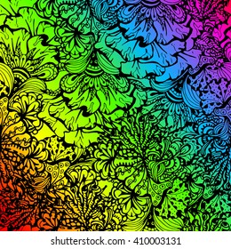 Rainbow colored zentangle style ornament. Vector pattern illustration with black contour.