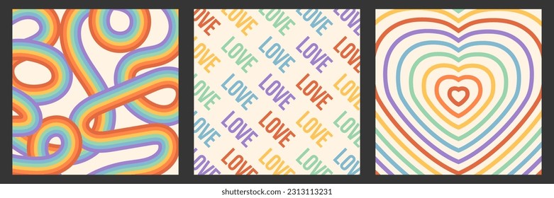 Rainbow colorful abstract square banners set. Funky backgrounds for LGBT pride month. Retro groovy social media post template