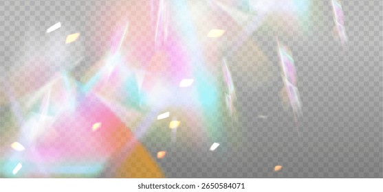 Rainbow colorful glare particles, vector lenses, crystal iris light and transparent glare effects. Background overlay. Prism concept