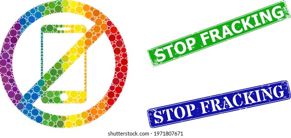 Rainbow colorful gradient circle mosaic stop smartphone, and Stop Fracking unclean framed rectangle watermarks. Blue and green stamp seals contain Stop Fracking tag inside framed rectangles.