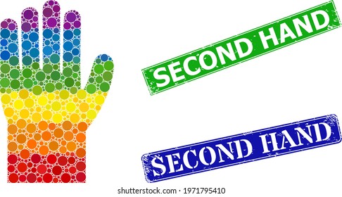 Rainbow colorful gradient round dot mosaic hand, and Second Hand corroded framed rectangle stamp seals. Blue and green stamps have Second Hand caption inside framed rectangles.