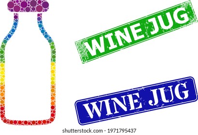 Rainbow colorful gradient round dot mosaic empty bottle, and Wine Jug rubber framed rectangle stamp seals. Blue and green stamp seals contain Wine Jug tag inside framed rectangles.