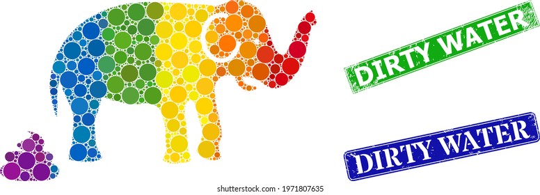Rainbow colorful gradient round dot collage elephant shit, and Dirty Water rubber framed rectangle seal imitations. Blue and green stamp seals include Dirty Water text inside framed rectangles.