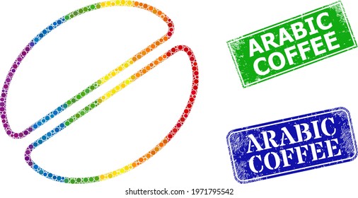 Rainbow colorful gradiented circle collage cacao bean, and Arabic Coffee dirty framed rectangle stamps. Blue and green stamps have Arabic Coffee tag inside framed rectangles.