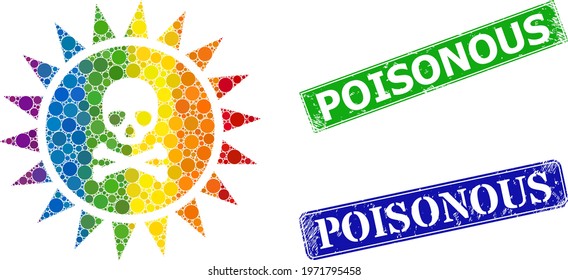 Rainbow colorful gradiented round dot mosaic death sun radiation, and Poisonous dirty framed rectangle stamps. Blue and green stamps have Poisonous text inside framed rectangles.