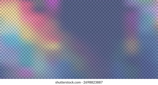 Arco-íris colorido luz prisma efeito, fundo transparente. Reflexão holográfica, cobertura de sombra de vazamento de clarão de cristal. Ilustração vetorial do pano de fundo da luz iridescente borrada abstrata.