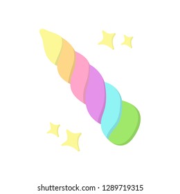 Rainbow colorful magical unicorn horn with sparkles, unicorn horn doodle graphic icon vector illustration with shadows, isolated.