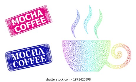 Rainbow colorful mesh coffee cup, and Mocha Coffee rubber framed rectangle stamps. Pink and blue rectangle seals have Mocha Coffee caption. Vector model created from coffee cup icon.