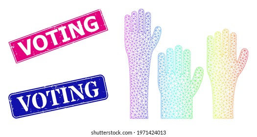 Rainbow colorful mesh voting hands, and Voting dirty framed rectangle stamp seals. Pink and blue rectangle seals have Voting title. Vector model created from voting hands icon.