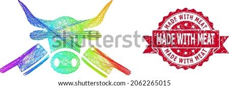 Rainbow colorful net butchery, and Made with Meat grunge ribbon stamp seal. Red stamp seal has Made with Meat title inside ribbon.Geometric hatched frame flat net based on butchery icon,