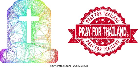 Rainbow colorful net cemetery, and Pray for Thailand unclean ribbon seal. Red stamp seal contains Pray for Thailand title inside ribbon.Geometric wire frame 2D net based on cemetery icon,
