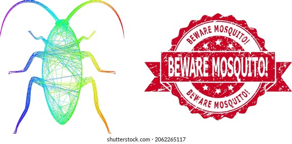 Rainbow colorful net cockroach, and Beware Mosquito Exclamation corroded ribbon seal imitation. Red seal includes Beware Mosquito Exclamation caption inside ribbon.Geometric hatched carcass 2D net