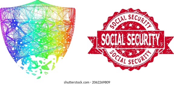 Rainbow colorful net damaged shield, and Social Security corroded ribbon seal imitation. Red seal includes Social Security caption inside ribbon.