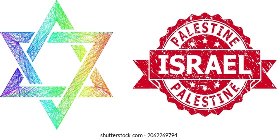 Rainbow colorful net david star, and Palestine Israel corroded ribbon stamp seal. Red stamp seal contains Palestine Israel tag inside ribbon.Geometric wire frame 2D net based on david star icon,