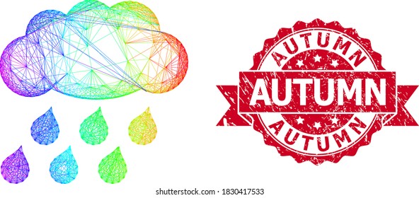 Rainbow colorful net rain cloud, and Autumn unclean ribbon stamp. Red stamp seal contains Autumn title inside ribbon.Geometric hatched carcass flat network based on rain cloud icon,