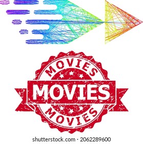 Rebobina de red colorida arcoiris y estampilla de cinta gruesa de películas. Sello de sello rojo incluye el título de película dentro de la cinta.Red de canal lineal geométrica 2D basada en el icono de rebobinado hacia delante,