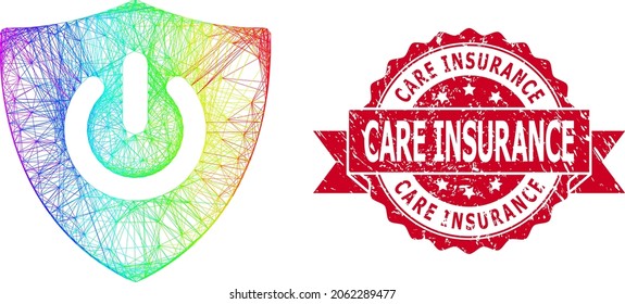 Rainbow colorful net shield turn off, and Care Insurance unclean ribbon seal. Red seal includes Care Insurance tag inside ribbon.Geometric wire carcass flat net based on shield turn off icon,