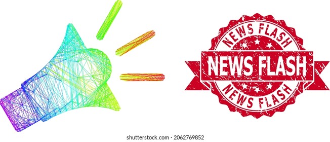 Rainbow Colorful Net Sound Speaker, And News Flash Corroded Ribbon Seal. Red Stamp Seal Includes News Flash Caption Inside Ribbon.Geometric Hatched Carcass Flat Network Based On Sound Speaker Icon,