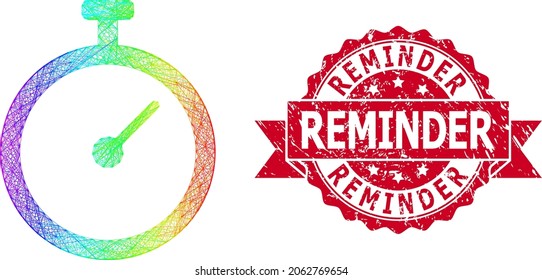 Rainbow colorful net time tracker, and Reminder grunge ribbon watermark. Red seal has Reminder title inside ribbon.Geometric hatched carcass flat net based on time tracker icon,