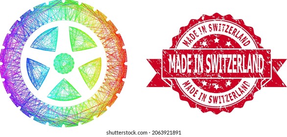 Rainbow colorful net tire wheel, and Made in Switzerland grunge ribbon seal. Red seal contains Made in Switzerland tag inside ribbon.Geometric wire carcass 2D net based on tire wheel icon,