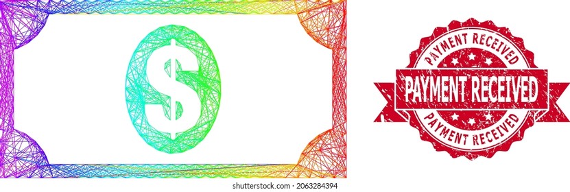 Rainbow Colorful Net Usd Banknote, And Payment Received Unclean Ribbon Stamp Seal. Red Stamp Seal Contains Payment Received Caption Inside Ribbon.