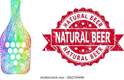 Rainbow colorful net wine bottle, and Natural Beer rubber ribbon stamp seal. Red seal contains Natural Beer tag inside ribbon.Geometric linear carcass flat net based on wine bottle icon,