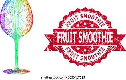 Rainbow colorful net wine glass, and Fruit Smoothie rubber ribbon stamp. Red stamp seal contains Fruit Smoothie caption inside ribbon.Geometric wire frame flat net based on wine glass icon,