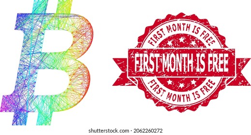 Rainbow colorful network bitcoin, and First Month Is Free rubber ribbon seal imitation. Red stamp seal contains First Month Is Free tag inside ribbon.