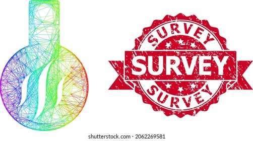 Rainbow colorful network chemical aroma, and Survey corroded ribbon stamp seal. Red stamp seal contains Survey text inside ribbon.Geometric hatched frame flat network based on chemical aroma icon,