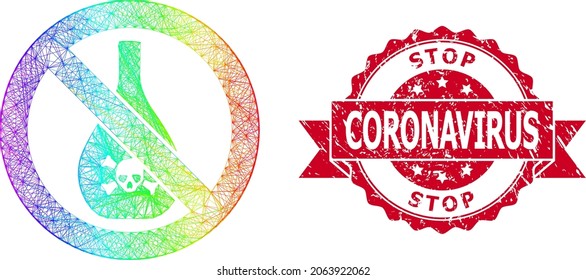 Rainbow colorful network forbidden chemicals, and Stop Coronavirus textured ribbon seal imitation. Red seal contains Stop Coronavirus caption inside ribbon.