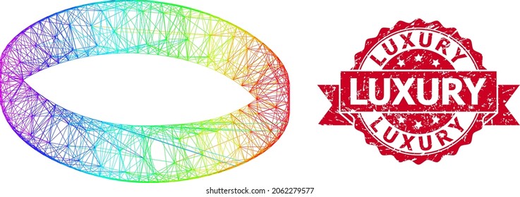 Rainbow colorful network gold ring, and Luxury corroded ribbon stamp. Red stamp seal includes Luxury tag inside ribbon.Geometric hatched frame flat network based on gold ring icon,