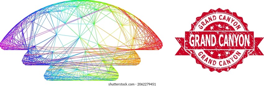Rainbow colorful network ice hill, and Grand Canyon dirty ribbon stamp. Red stamp has Grand Canyon tag inside ribbon.Geometric hatched frame 2D network based on ice hill icon,