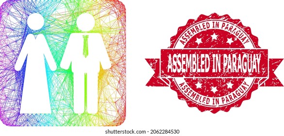 Rainbow colorful network newlyweds, and Assembled in Paraguay scratched ribbon seal imitation. Red stamp seal contains Assembled in Paraguay title inside ribbon.