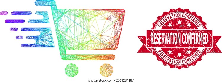 Rainbow colorful network shopping cart, and Reservation Confirmed rubber ribbon stamp. Red stamp seal includes Reservation Confirmed caption inside ribbon.